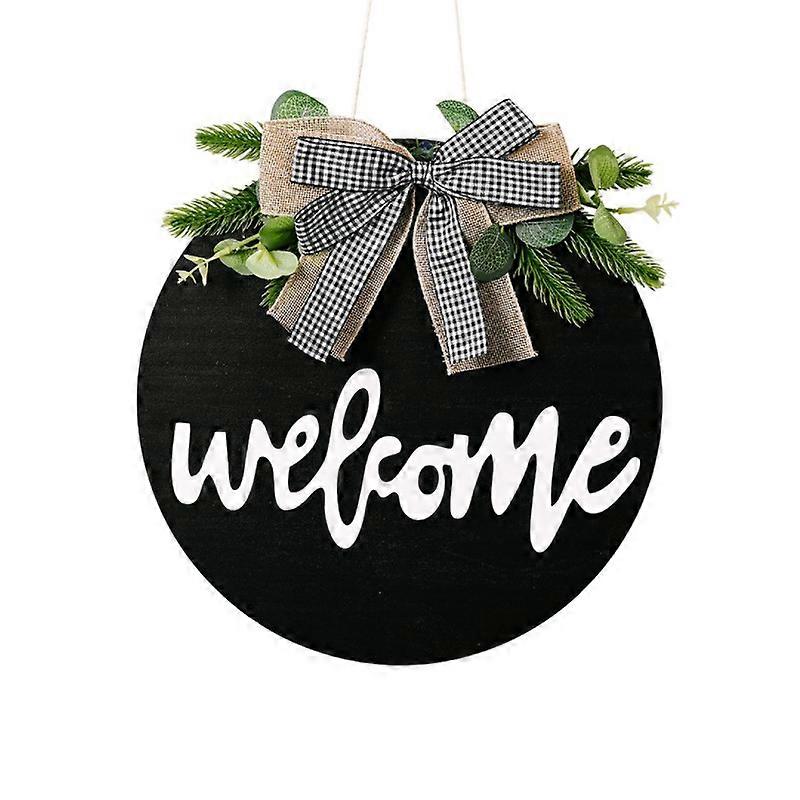 ウェルカムサインポーチの装飾、素朴な木製ドアハンガーフロントドア屋外吊り下げ垂直サイン(黒)