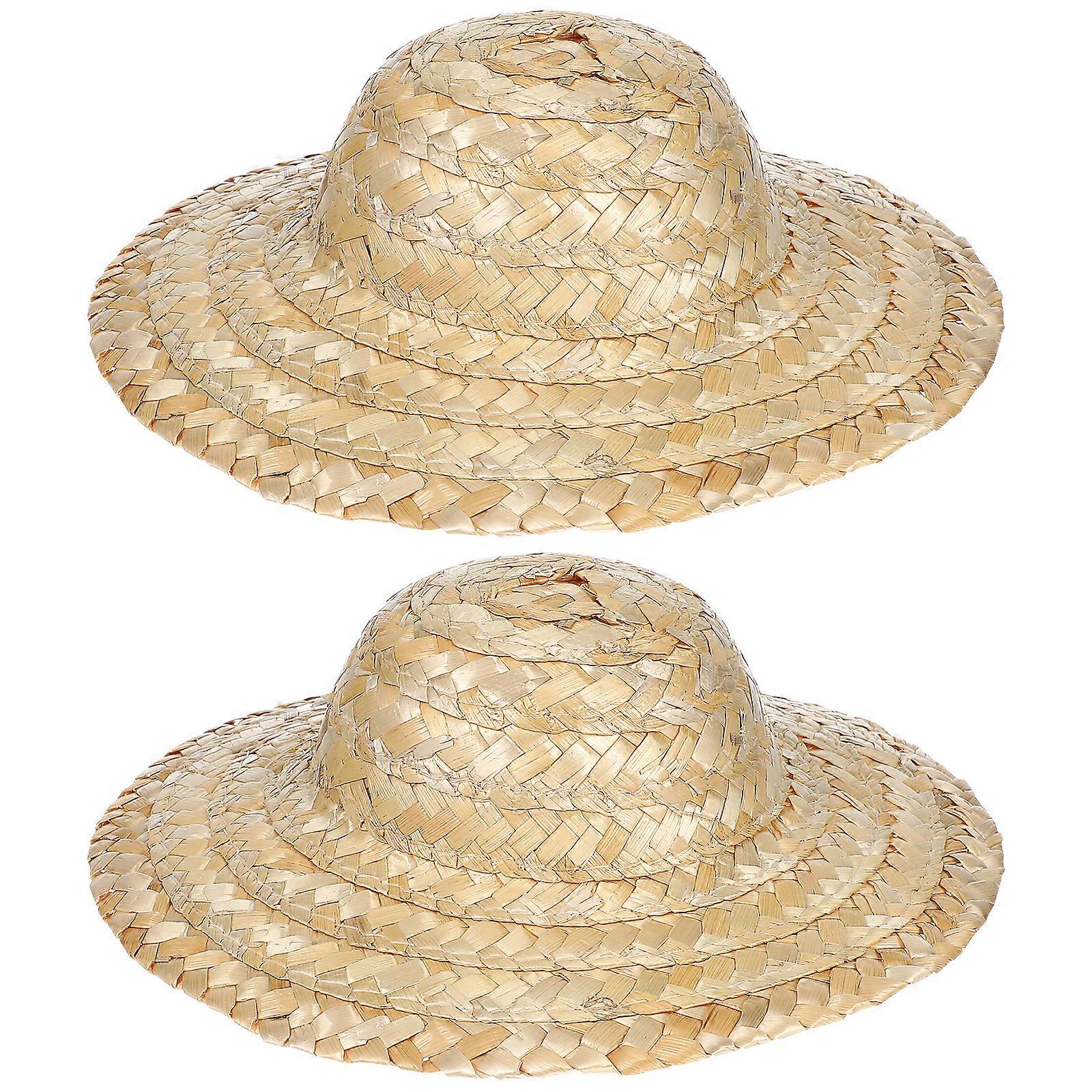 2Pcs Mini Woven Straw Hats Decor Creative Handcrafts Photo Props Brown