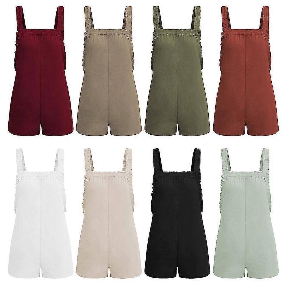 Korte overalls til kvinder Bomuld ærmeløse stropper Flæse hagesmæk jumpsuits Rompers med lommer