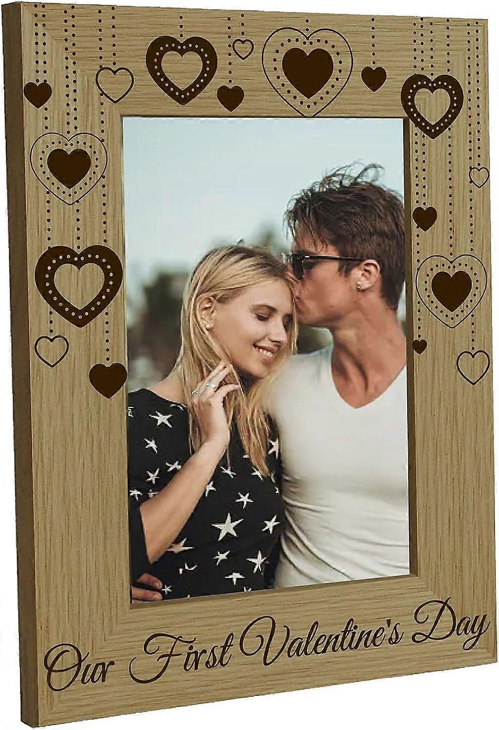 Our First Valentine's Day Picture Frame Wood Photo Frames Engraved Display Wooden Tabletop Postcard Frame for Hanging Wall Gallery Home Husband Wife B