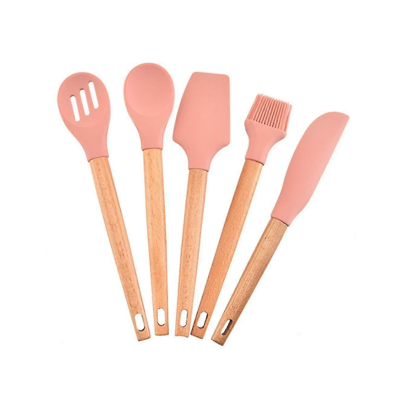 5pcs Silicone Kitchenware Set Beech Wood Handle Kitchenware Nonstick Pan Colander Oil Brush Scraper