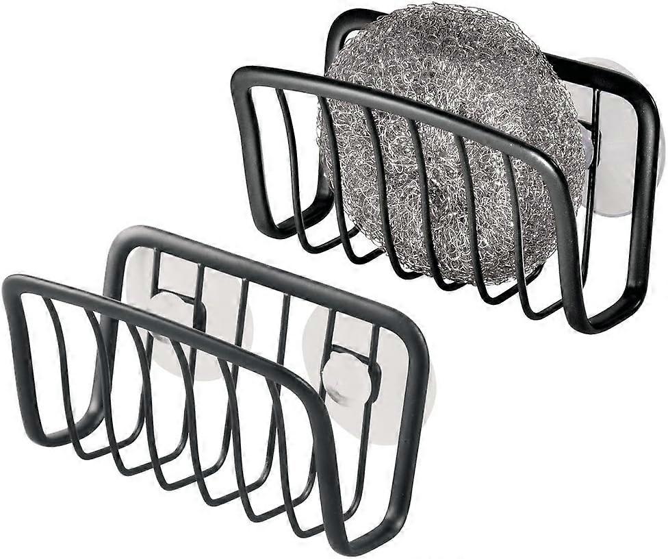 2pcs Sponge Holder with Suction Cups, Small Metal Sink Organizer for Sponge and Pot Scraper, Handy Kitchen Organization Helper, Matte Black