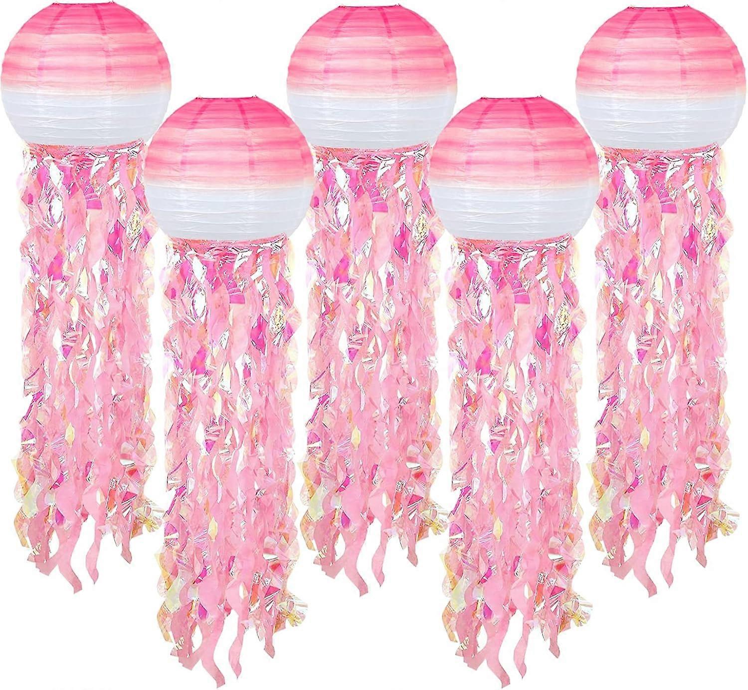 5 Packs Jellyfish Paper Lanterns Hanging Mermaid Wishes Lantern Gradient Pink Lantern Ocean Theme Party Supplies Mermaid Birthday Decorations for Kids
