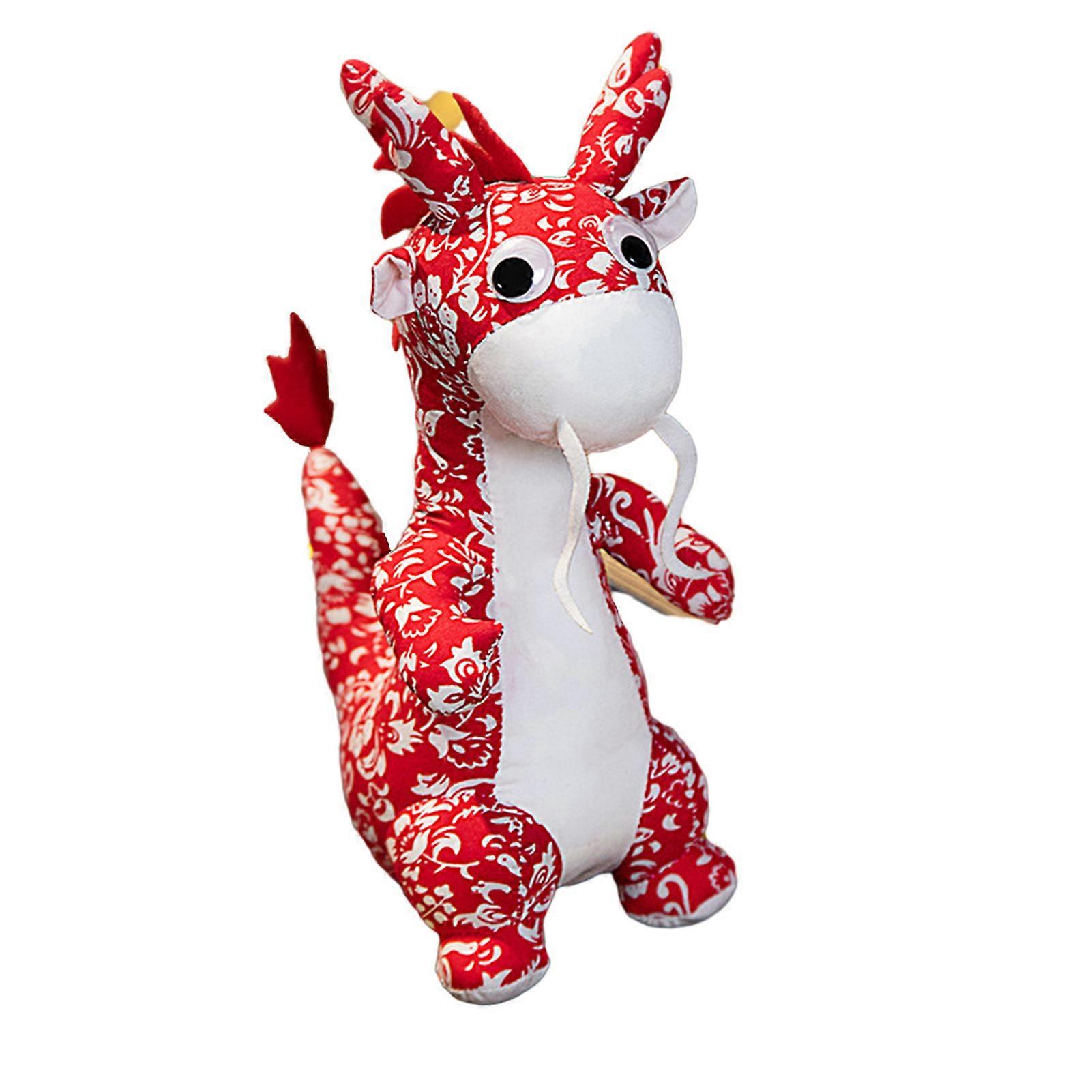 Chinese Dragon Zodiac Mascot Doll Colorful Flower Prints 3D Dragon Horn Year of 2024 Cartoon Dragon Plush Toy Soft Stuffed Animal Doll Festival Home D