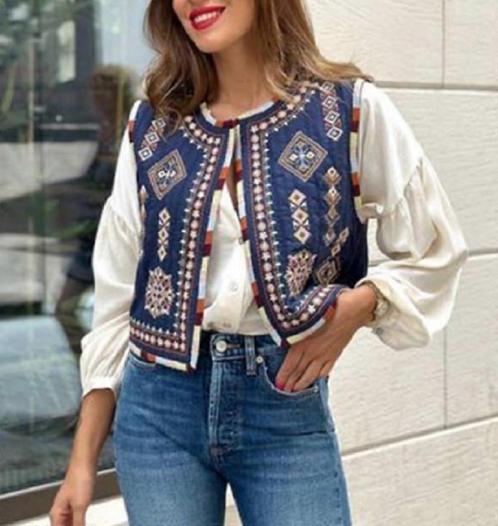 NUFIWI Women's Y2K Vintage Embroidered Floral Vest - Open Front Sleeveless Crop Top & Boho Waistcoat
