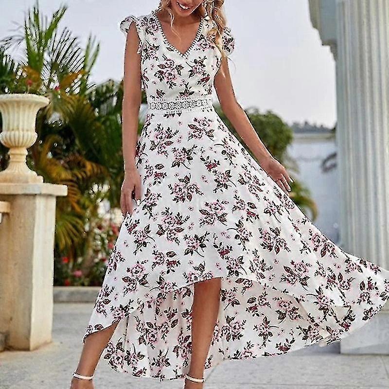 Ladies Sexy V Neck Maxi Dresses Women Party Hawaiian High Low Hem Sundress