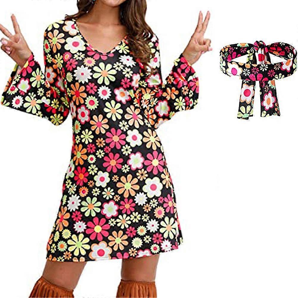 70s 80s Femmes Hippie Disco Party Robe à manches longues + Bandeau Outfit Set