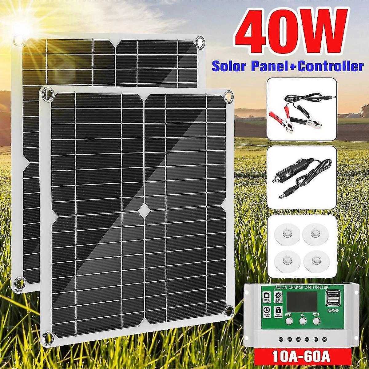 Portable 40w Solar Panel With 10a-60a Battery Charger Controller Kit Car Boat Caravan