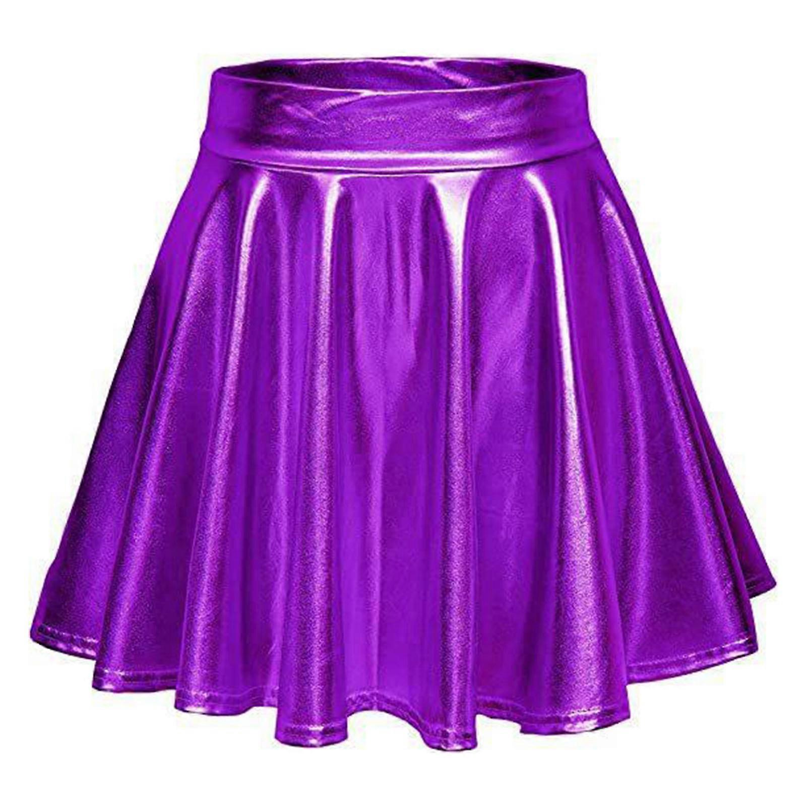 Shiny Flared Pleated Skirt A Line Solid Color Metallic Glossy High Waist Skater Skirt for Performance