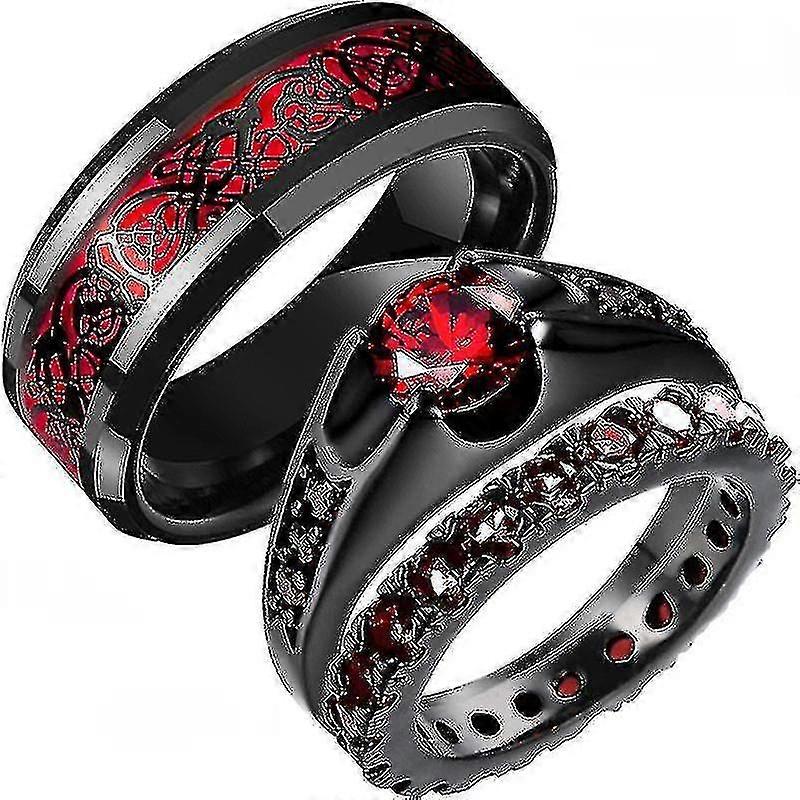 Moda Siyah Tungsten Düğün Kelt Ejderha Yüzük Yeşil / kırmızı Zirkonya Punk Erkek Paslanmaz Çelik Karbon Fiber Çift Yüzük ile