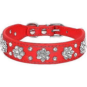 Cute Pu Leather Dog Collar - Rhinestone Flower Pattern Studded - 1 Inch Width Fit Small And Medium Dogs Red S:11-13"