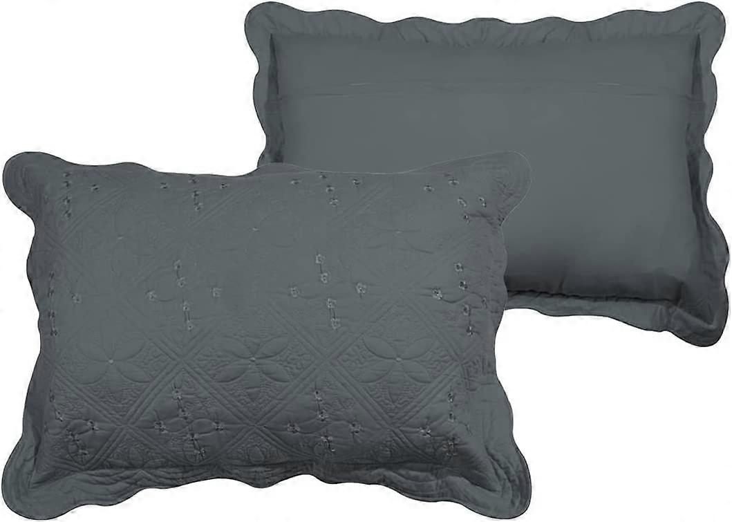 2-Piece Embroidered Cotton Quilted Bed Pillow Shams Rustic Solid Color Soft Decorative Pillow Cases Set (Grey,20"x28")