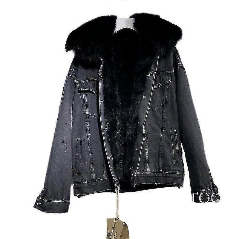 Winter Women's Denim Jacket Fleece Cushion Fur Collar