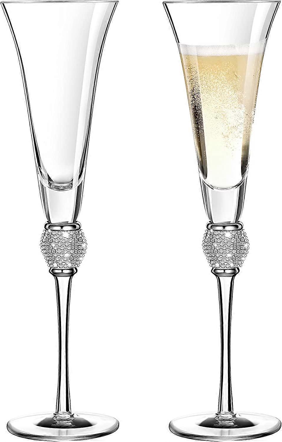 2buc stras stras șampanie pahare de nunta toasting pahare cu diamante sticle mâner lung pentru nunta, petrecere, aniversare (argint)