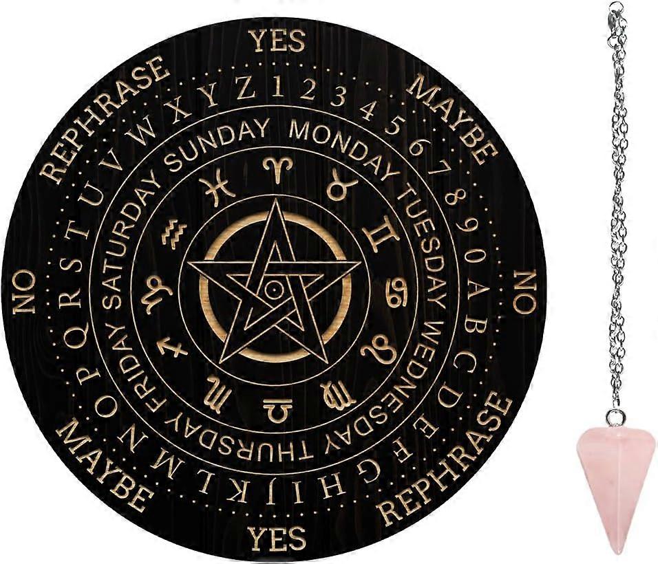 7.8" Witch Pendulum Board Wooden Dowsing Planchette with Rose Quartz Crystal Dowsing Pendulums Witchcraft Divination Tools for Spirit Altar Decoration