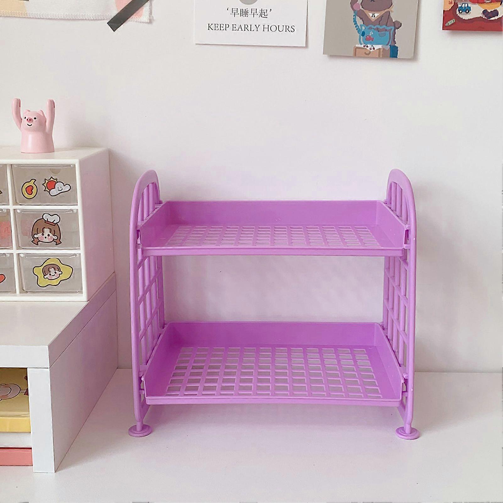 2 Layer Desktop Shelf Side Guardrail Design Foldable Double Layer Stacking Cosmetic Stationery Storage HolderPurple