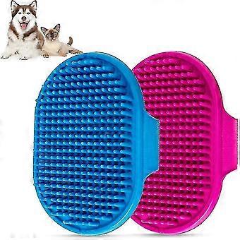 Pet Bath Brush - Soothing Massage Rubber Comb With Adjustable Ring Handle - Perfect For Long And Short Haired Dogs And Cats - Blue+rose - Set Of 2 [re