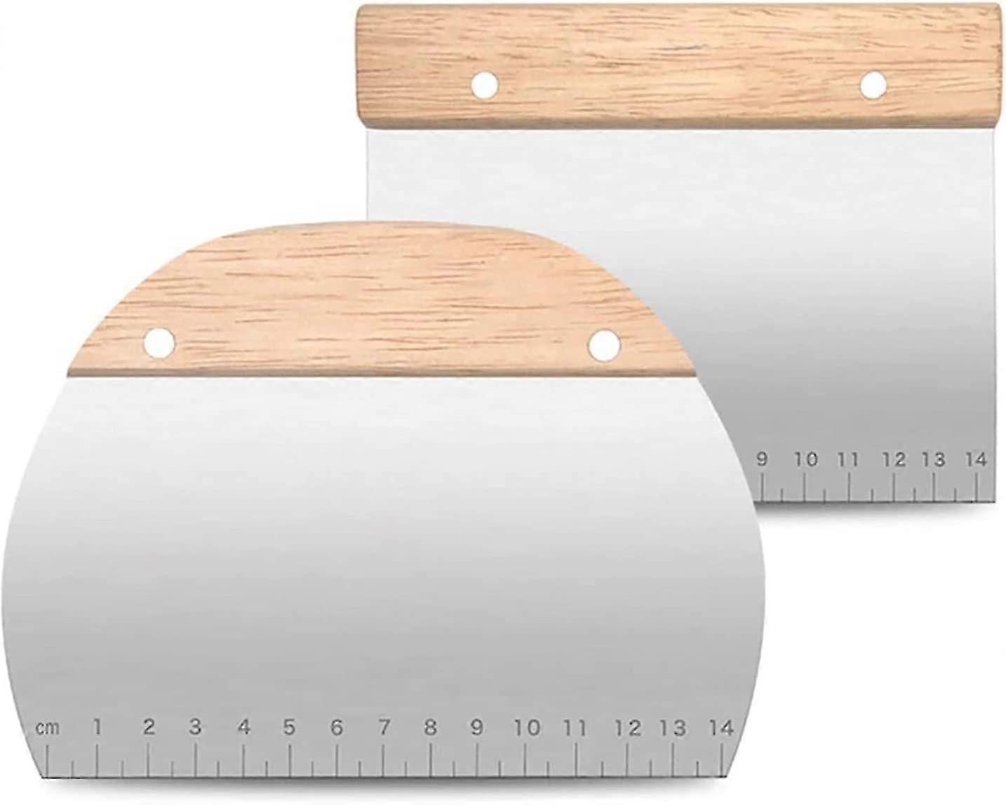 2 pieces stainless steel baking dough scraper, pizza dough spatula, cake scraper with wooden handle