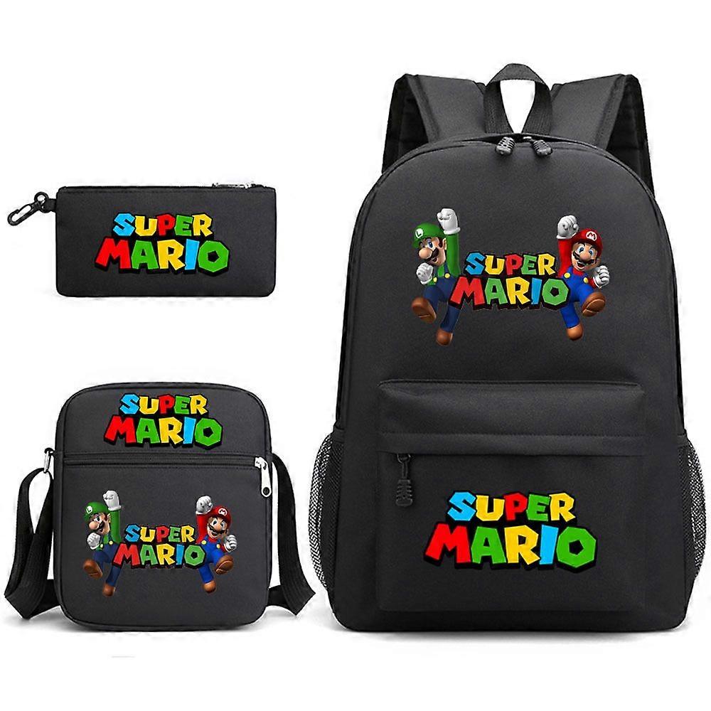 Super Mario Mario Dreiteiliger Schulranzen Cartoon Bedruckter Canvas-Rucksack schwarz