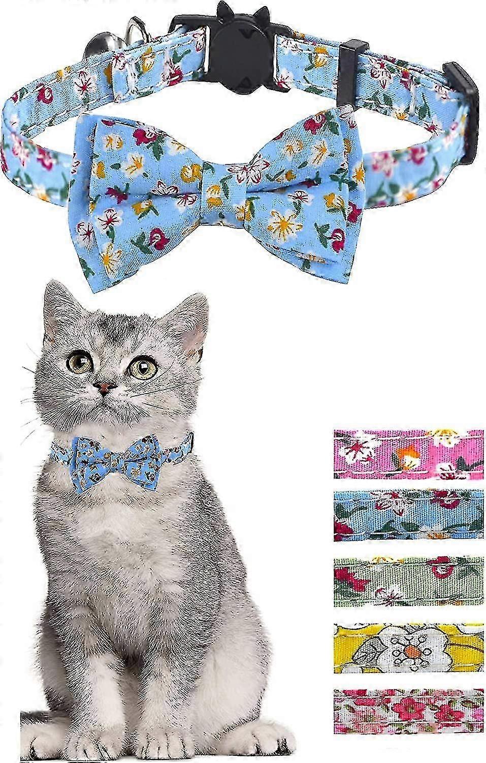Cat Collar With Bow Tie And Bell Blue Floral Pattern