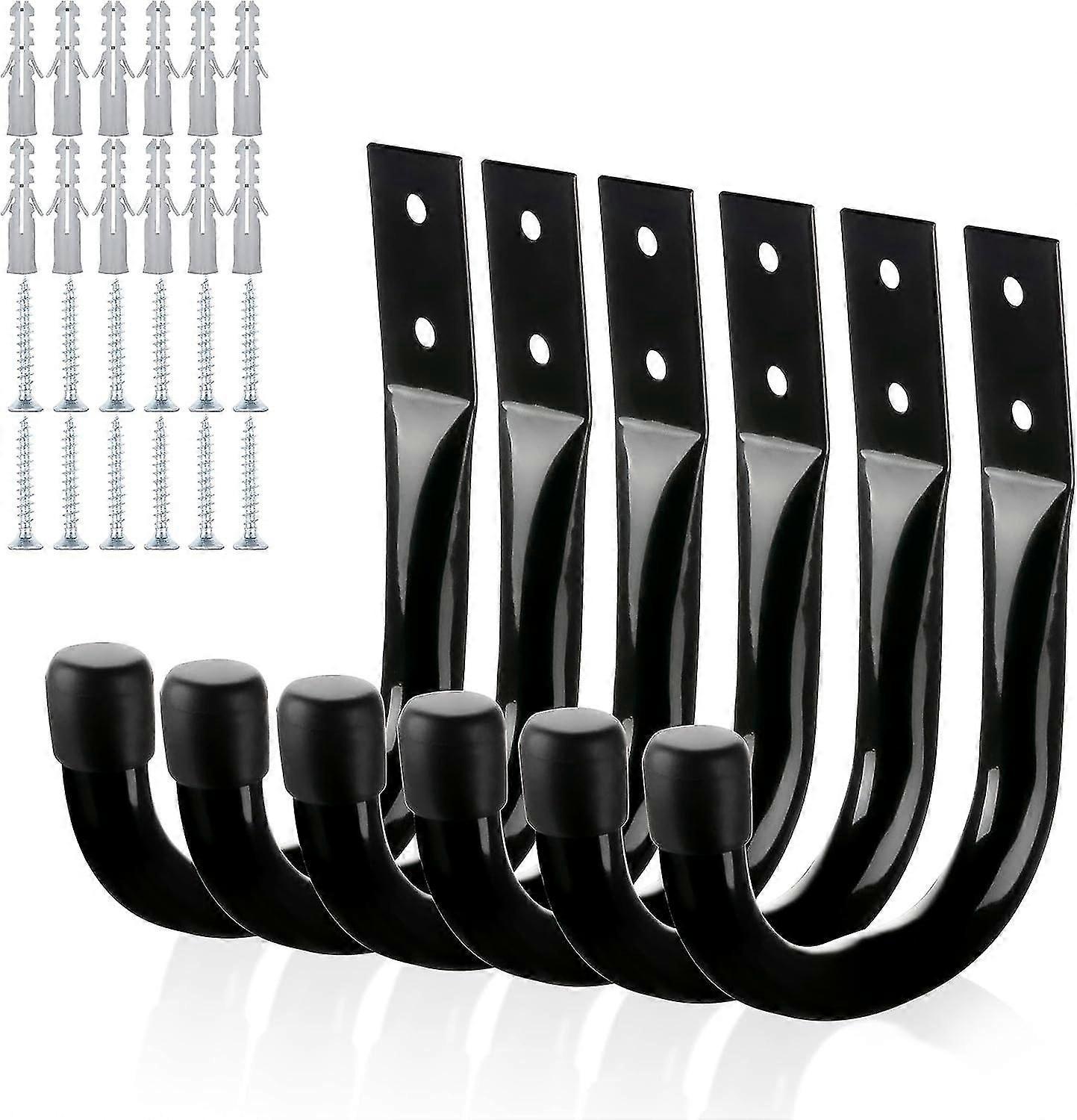 Heavy Duty Garage Hooks For Hanging, 6pcs Large Garage Storage Hooks For Extension Cord Tool Cable, Black Wall Mount J Utility Hooks With Wall Anchors