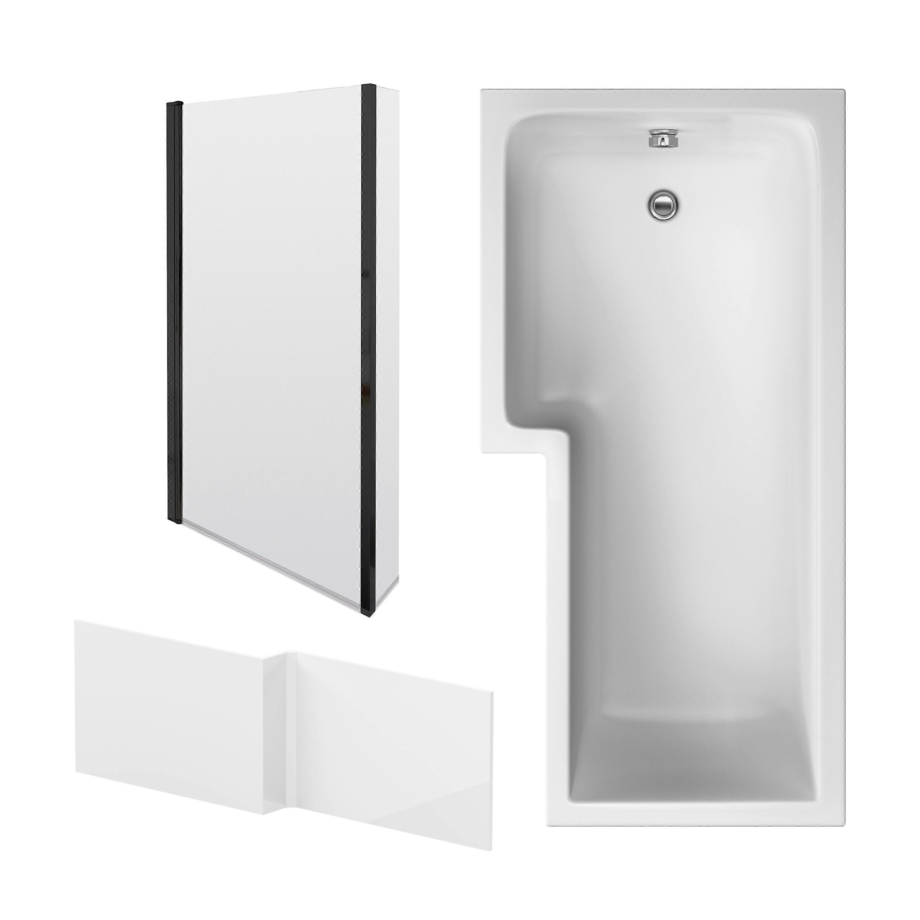 L Shape 1700x850 Shower Bath Set - Front Panel & Black Fixed Return Screen, Left Hand
