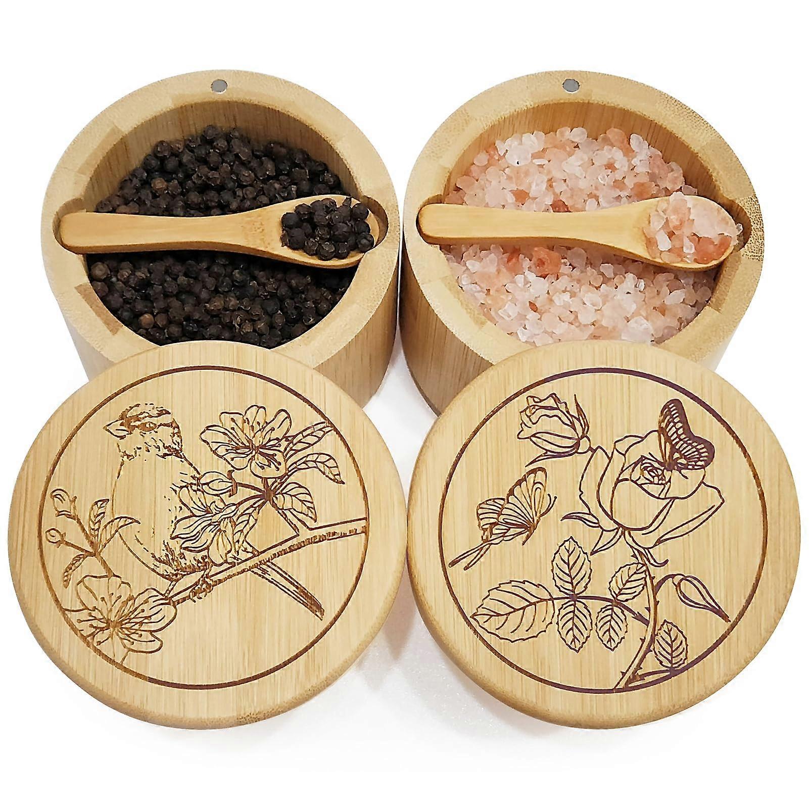 Bamboo Salt and Pepper Bowls with Lid and Spoon, Dual 12oz Capacity Magnetic Swivel Spice Container for Kitchen Use