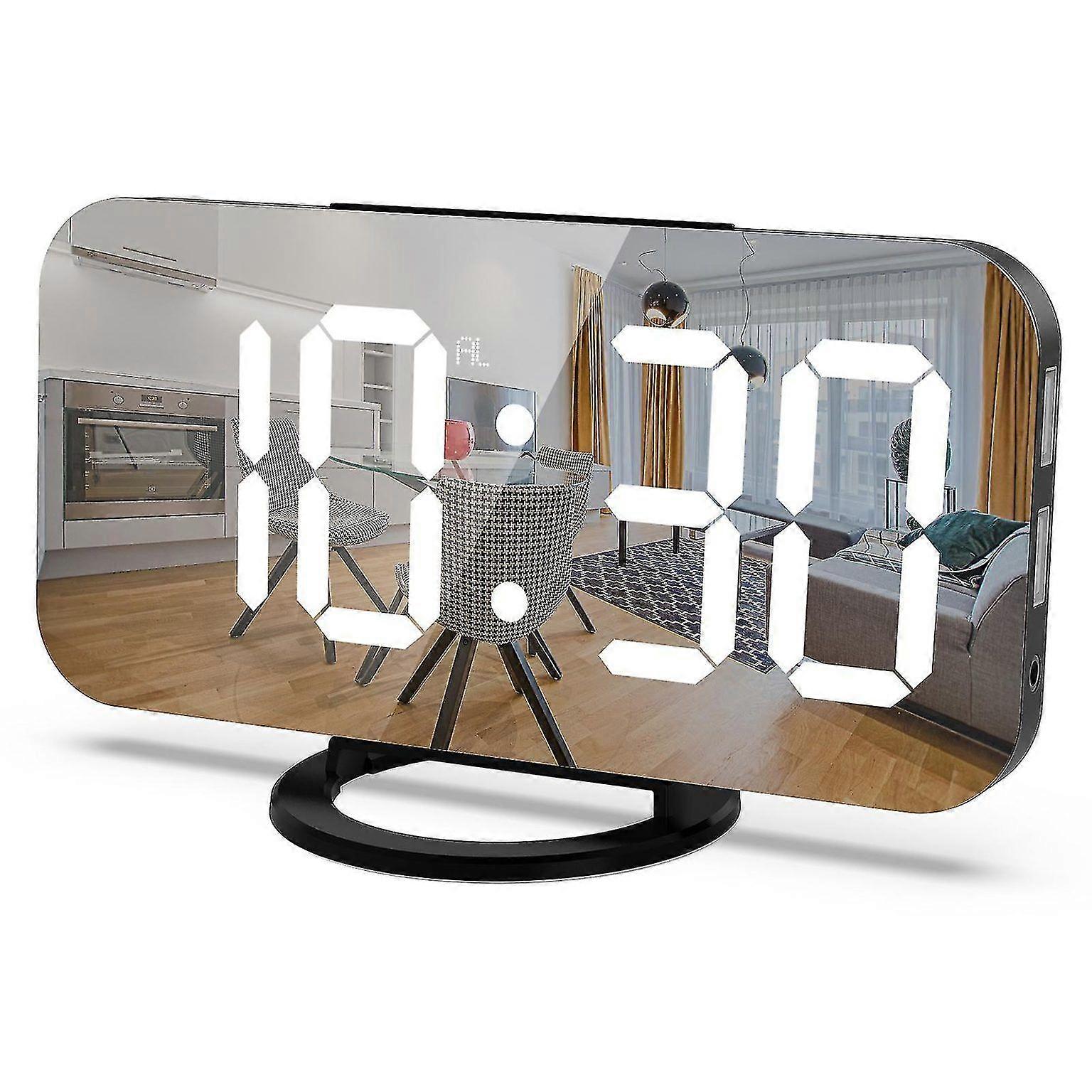 LED Alarm Clock with USB Charging, Auto Dimming, Time Memory, Compatible with iPhone & Android - Large Screen Mirror