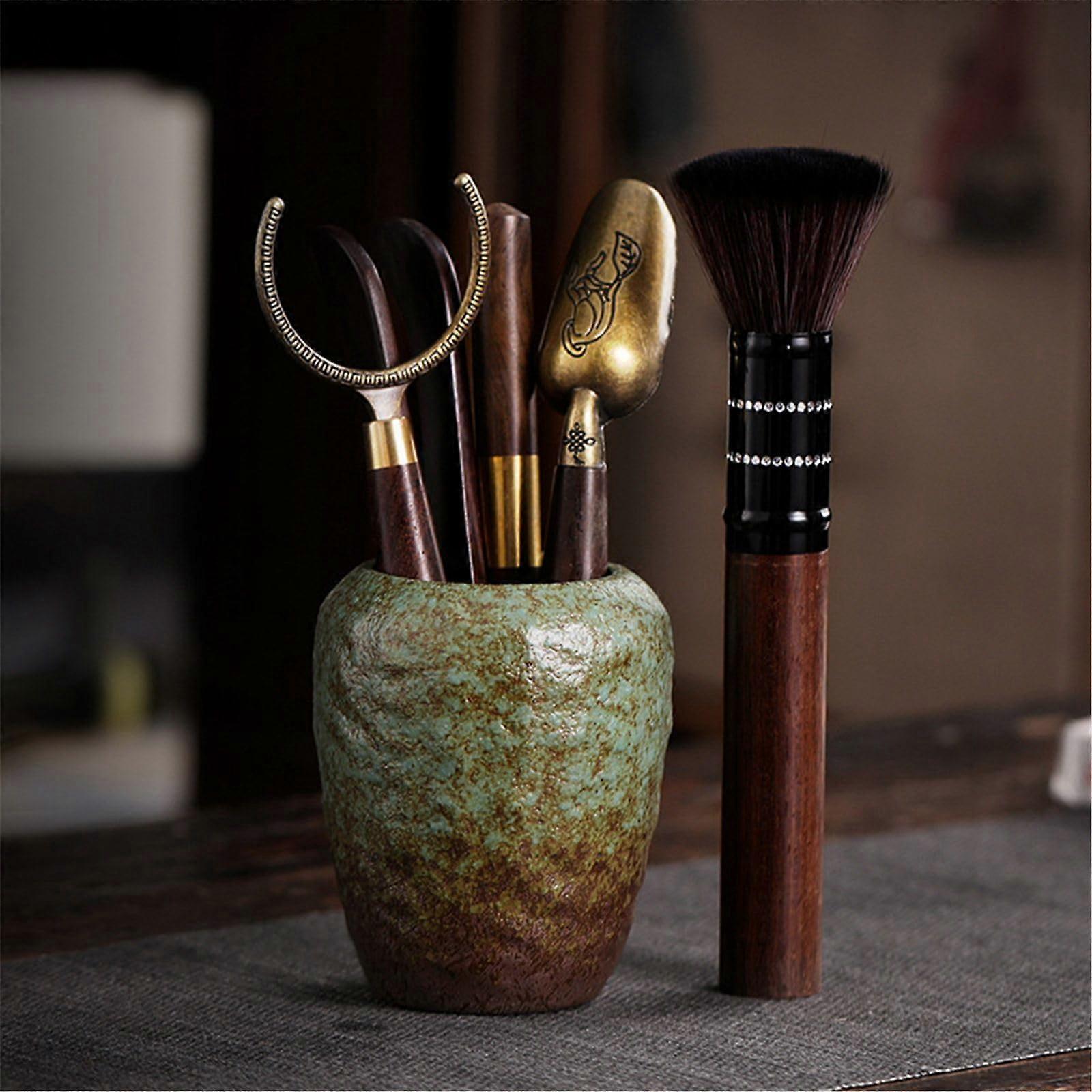 Rough Pottery Ebony Solid Wood Japanese Kung Fu Tea Set with Spoon, Clip, and Brush Accessories - Color 1