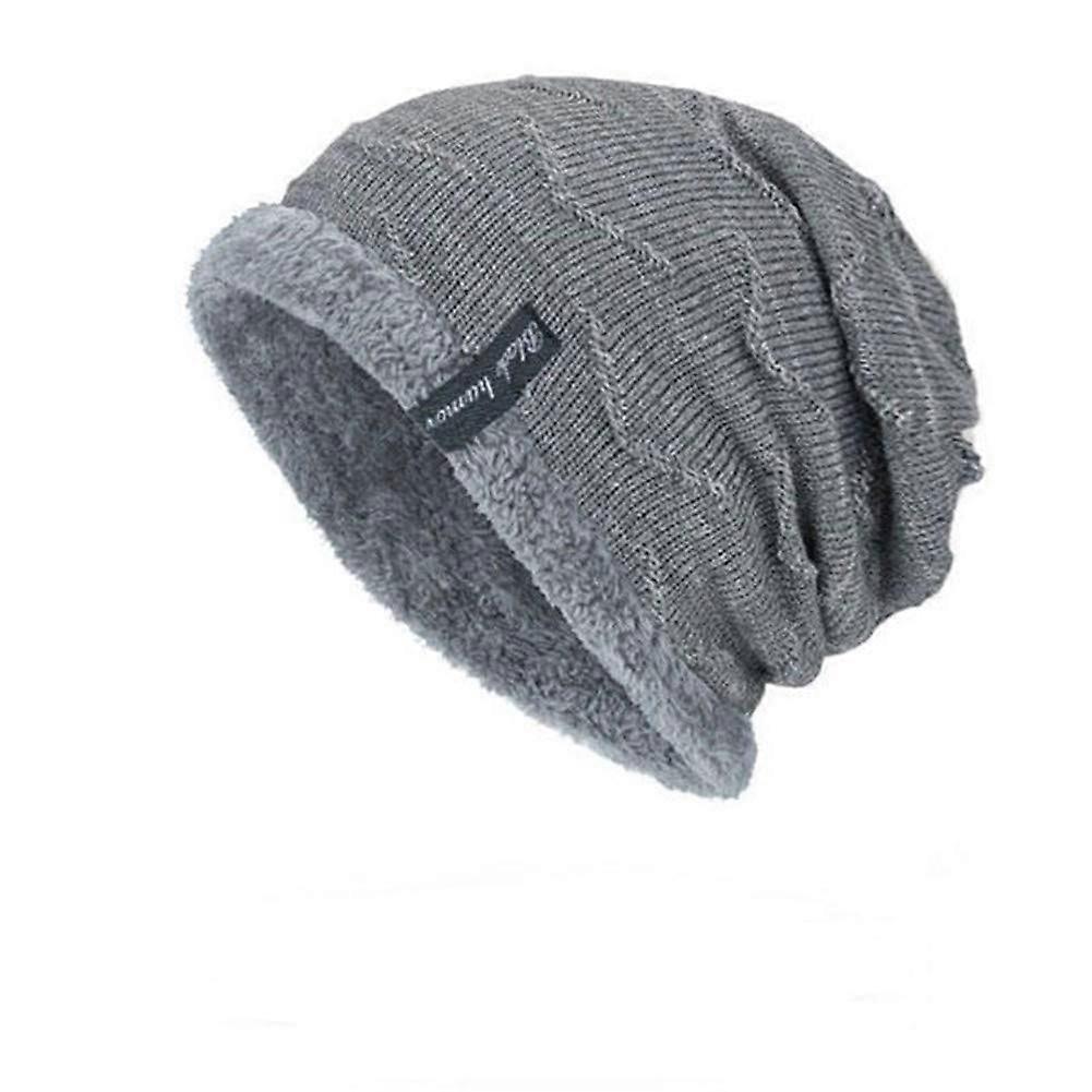 Mens Plus Velvet Knitted Stripe Beanie Hats Winter Skullies for Outdoor Warmth, Soft Material, One Size Fits All