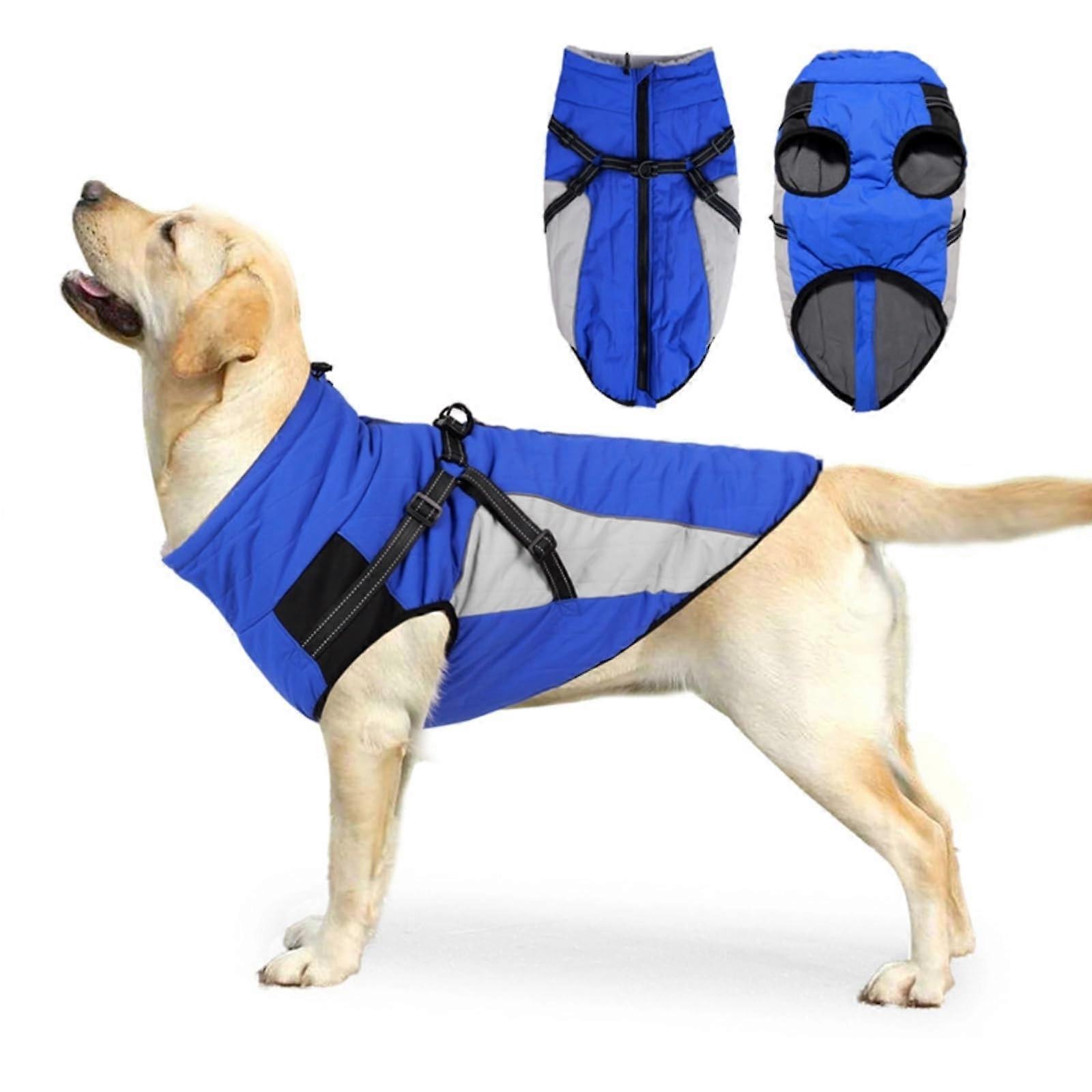 Winter Dog Coat Adjustable Thick Fleece Lining, Warm Turtleneck, Waterproof Windproof Reflective Blue X-Large