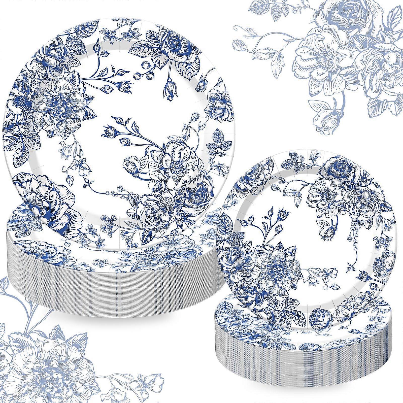 40Pcs Blue White Floral Paper Plates Flower Disposable Plates 7 Inch  9 Inch