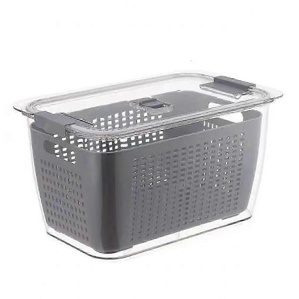 1 Pcs Draining Basket,2 Layer Kitchen Refrigerator Vegetable Storage Box With Filter Gray L 4.5l