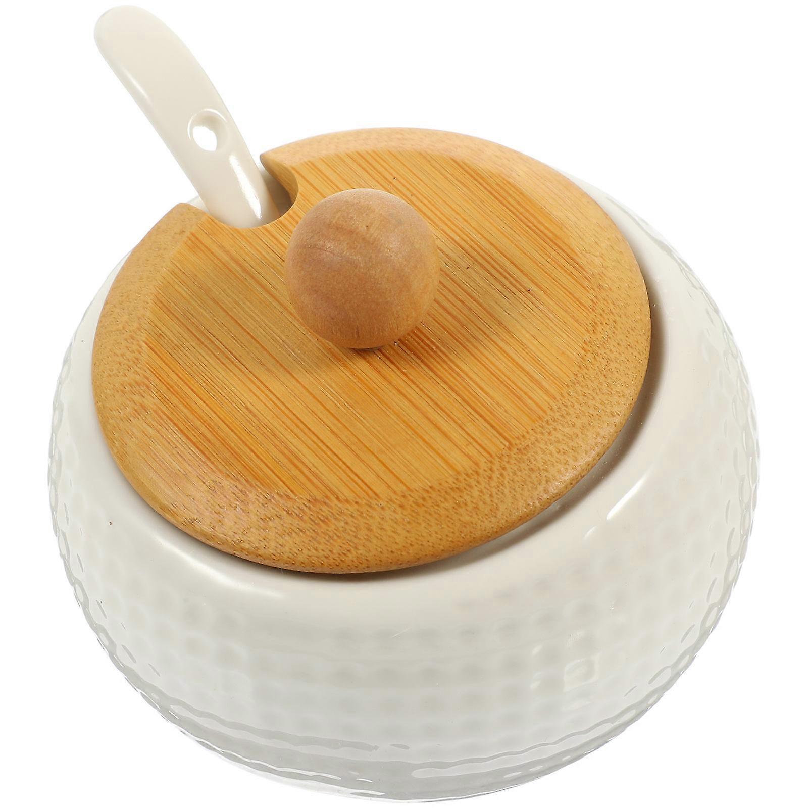 Porcelain Condiment Container Round Condiment Jars Family Picnic Table Bamboo 9x9x7cm Storage 1Set