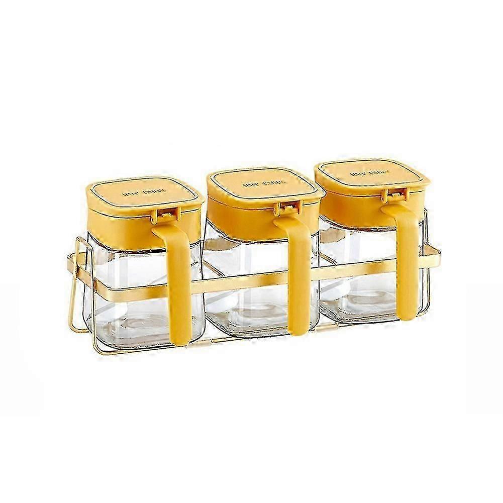 Condiment Jar Spice Container+Lids & Spoons,Clear Glass Condiment Canisters Pots Seasoning Box Salt Container Yellow