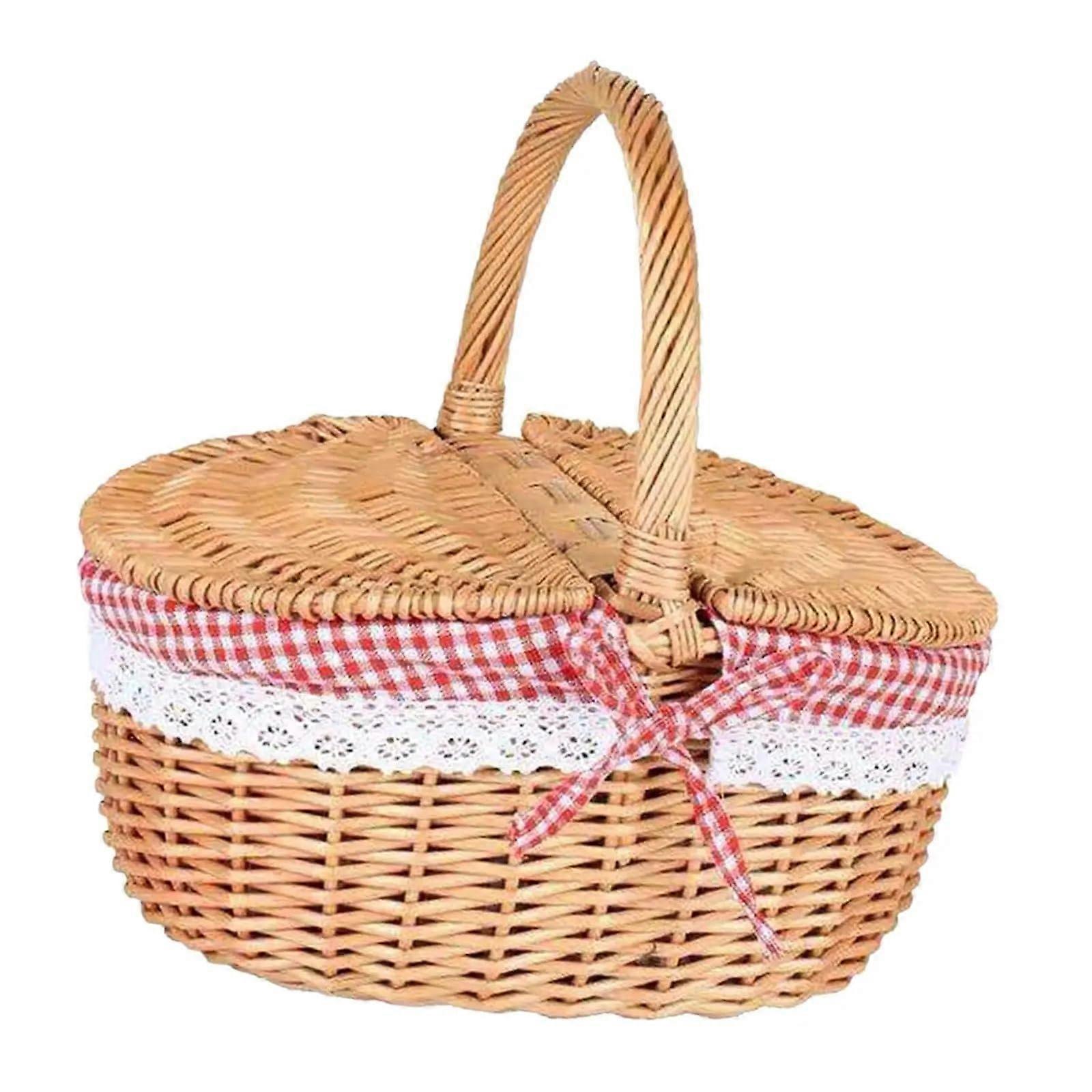 Handwoven Picnic Basket with Lid and Handle, Woven Storage Container for Hiking, Beach, Camping, Outdoor Use