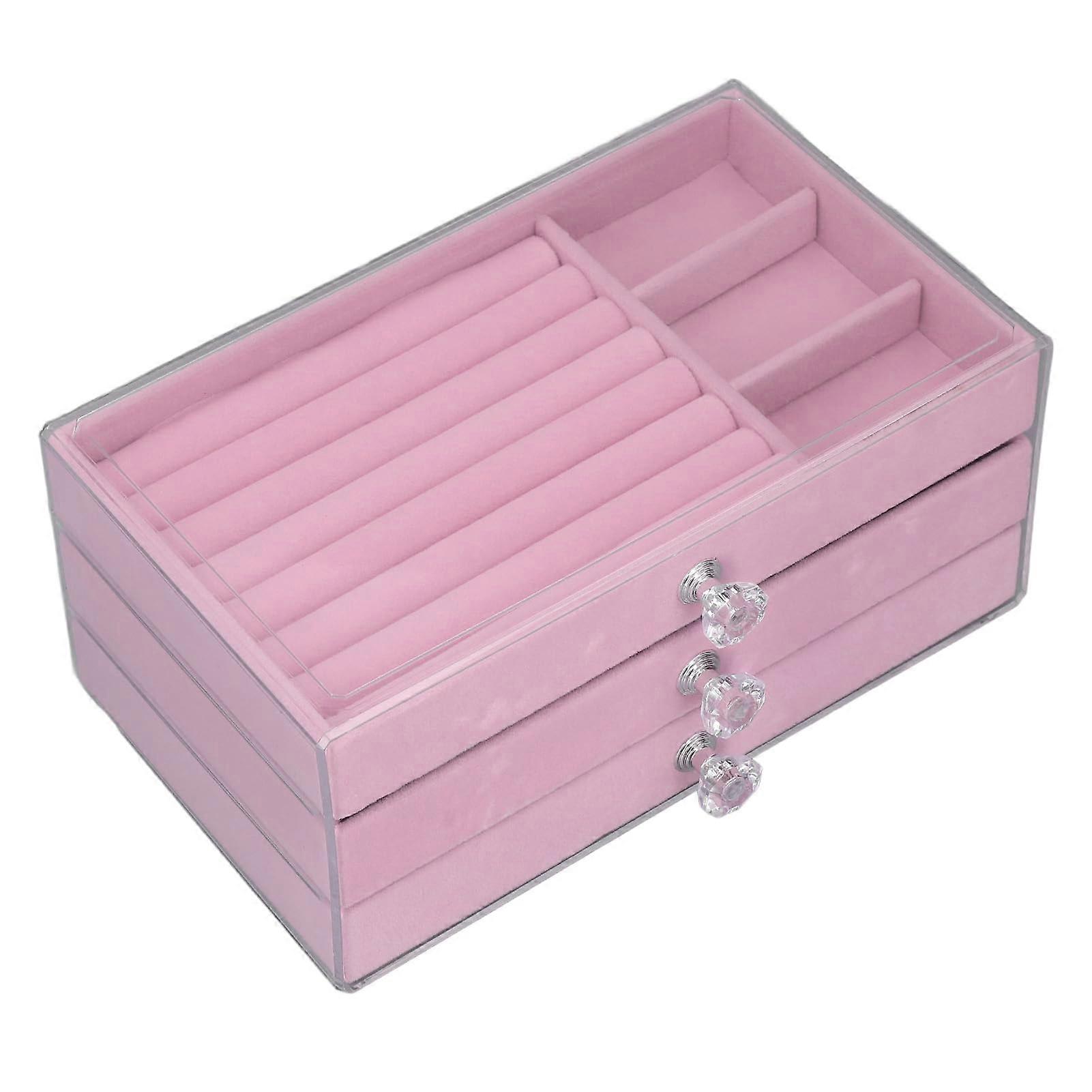 Acrylic Jewellery Organiser with 3 Drawers, Multifunctional Large Capacity Display Stand, Transparent Pink Storage Box for Bracelets
