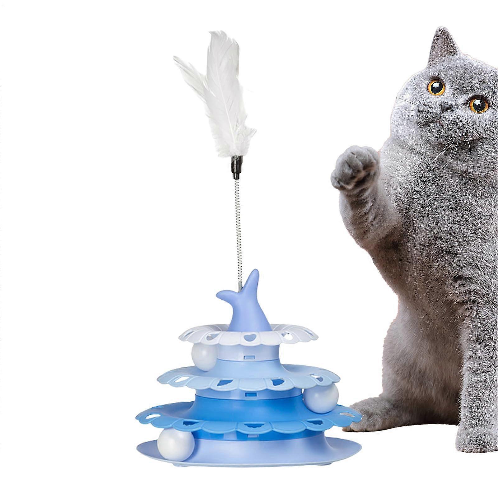 Cat Track Interactive Cat Toy With Teaser Stick Rotating Disc Indoor Training Tower Blue