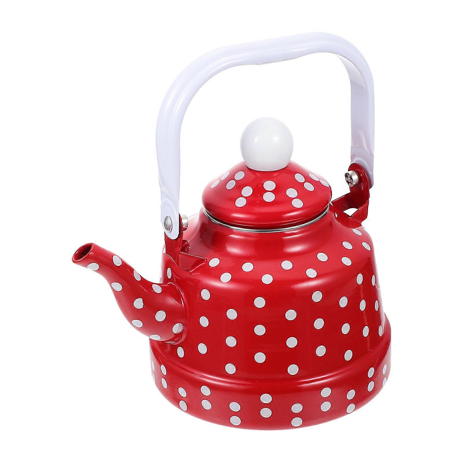 Kettle Teapot Electric Enamel Kitchen Utensil Home Use Red with White Dots 21x16cm 1.1L 1Set