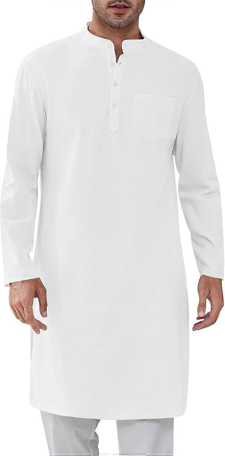 Herren Kaftan Robe Button Down Langarm Henley Baumwolle Thobe Casual Seitlich Split Kleid Hemd Weiß X-Large