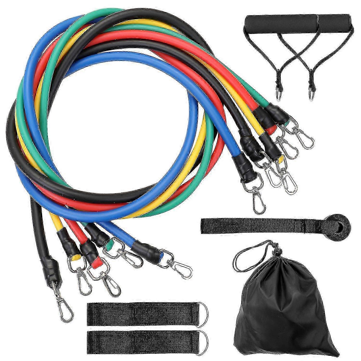 5 stk motstandsbelter, 2 stk håndtak, bæreveske, døranker, 2 stk ankelstropper