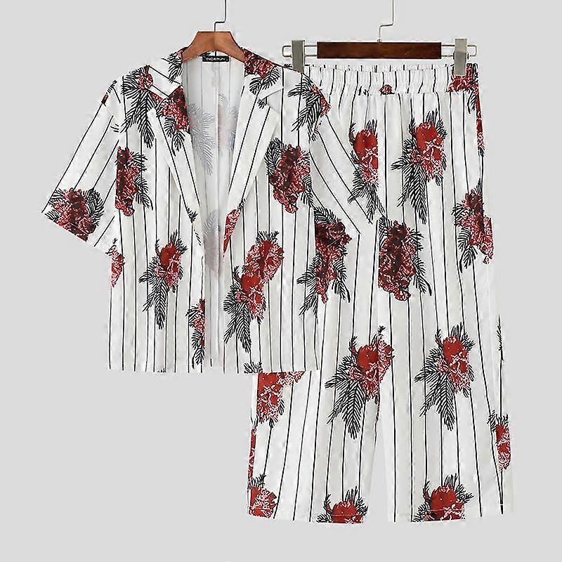 INCERUN Two Pieces Men Short Sleeve Shirts Striped Thin Capri Pants Floral Print Casual Sets