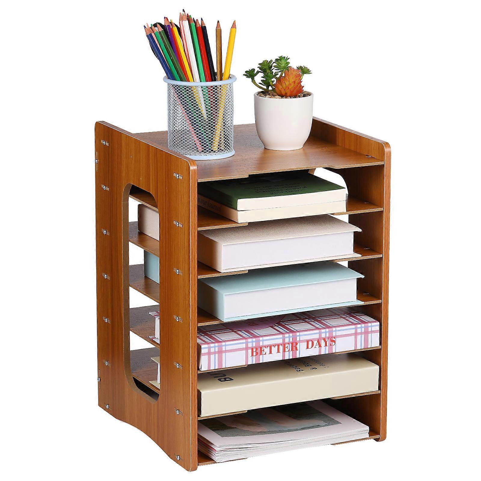 Wood Desk Organizer for Storage Use Brown Multifunctional File Organizer with Vertical Design 7 Layers
