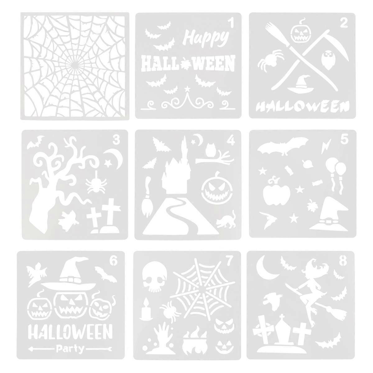 9Pcs Halloween Drawing Stencils Plastic Templates Suitable For Children White Color Perfect For Crafting And Wall Decor Activities