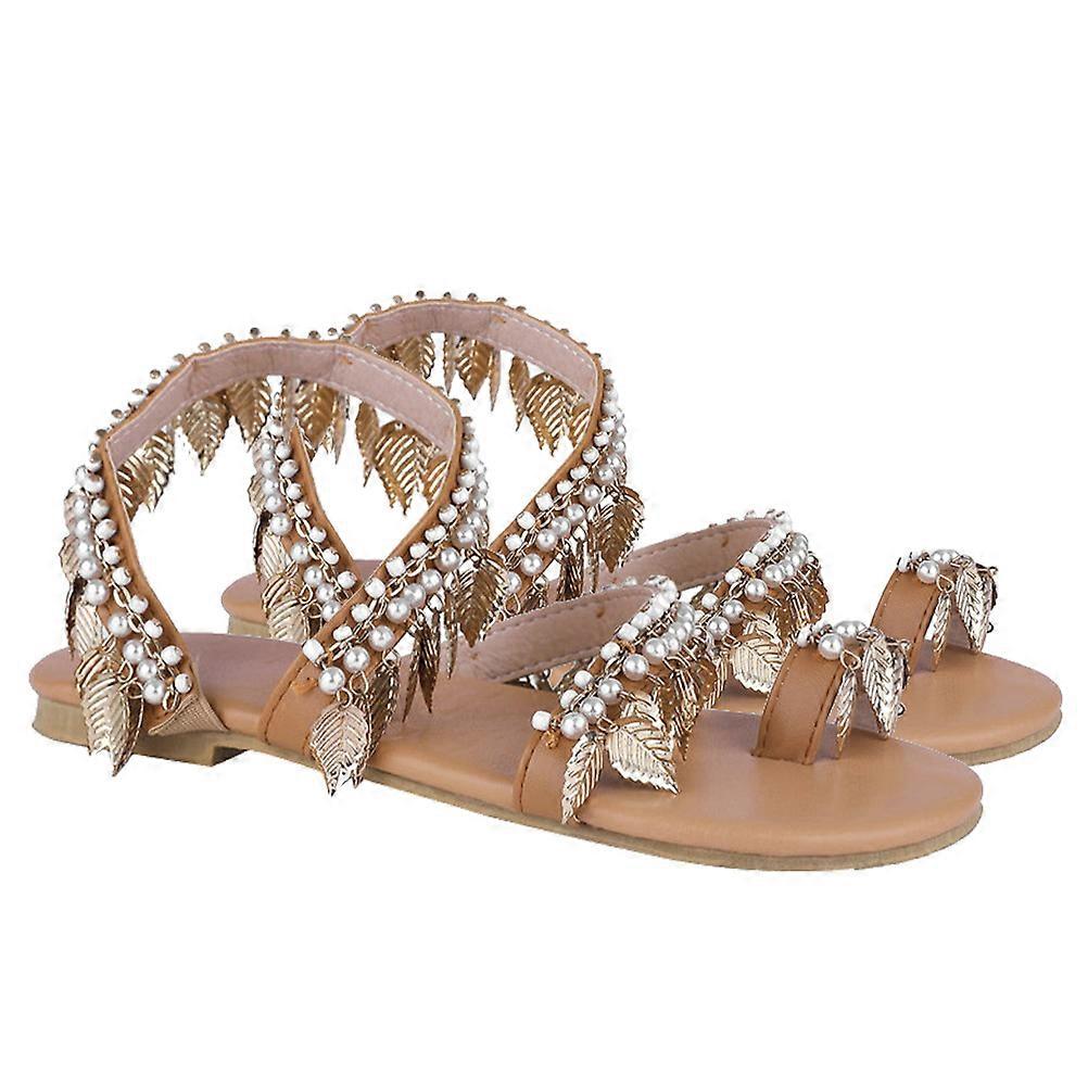 Summer Sandals 1Pair Beads Handmade Open-Toe Style Flat Sole Light Brown