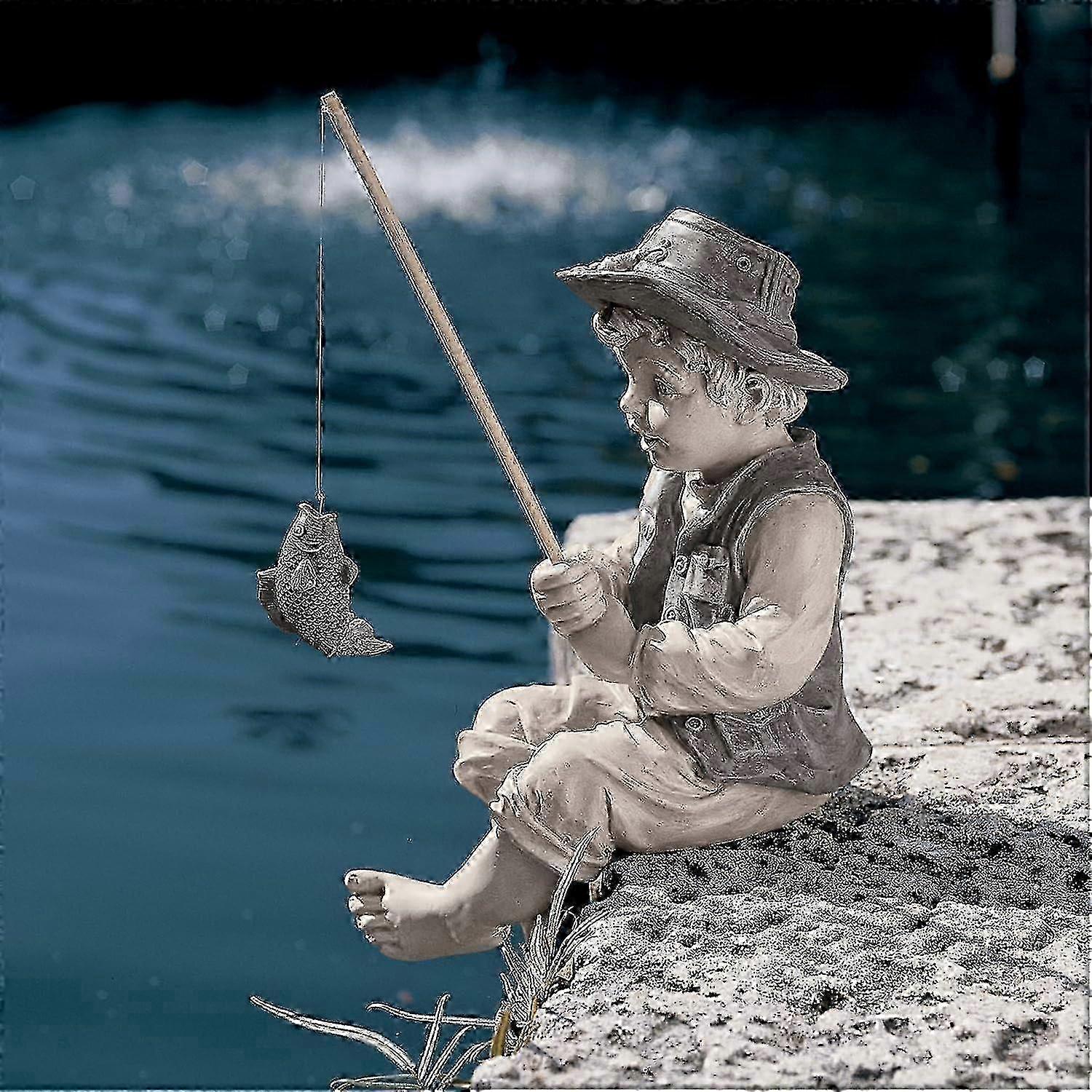 2025 Frederic The Little Fisherman of Avignon Boy Fishing Garden Statue, two tone stone