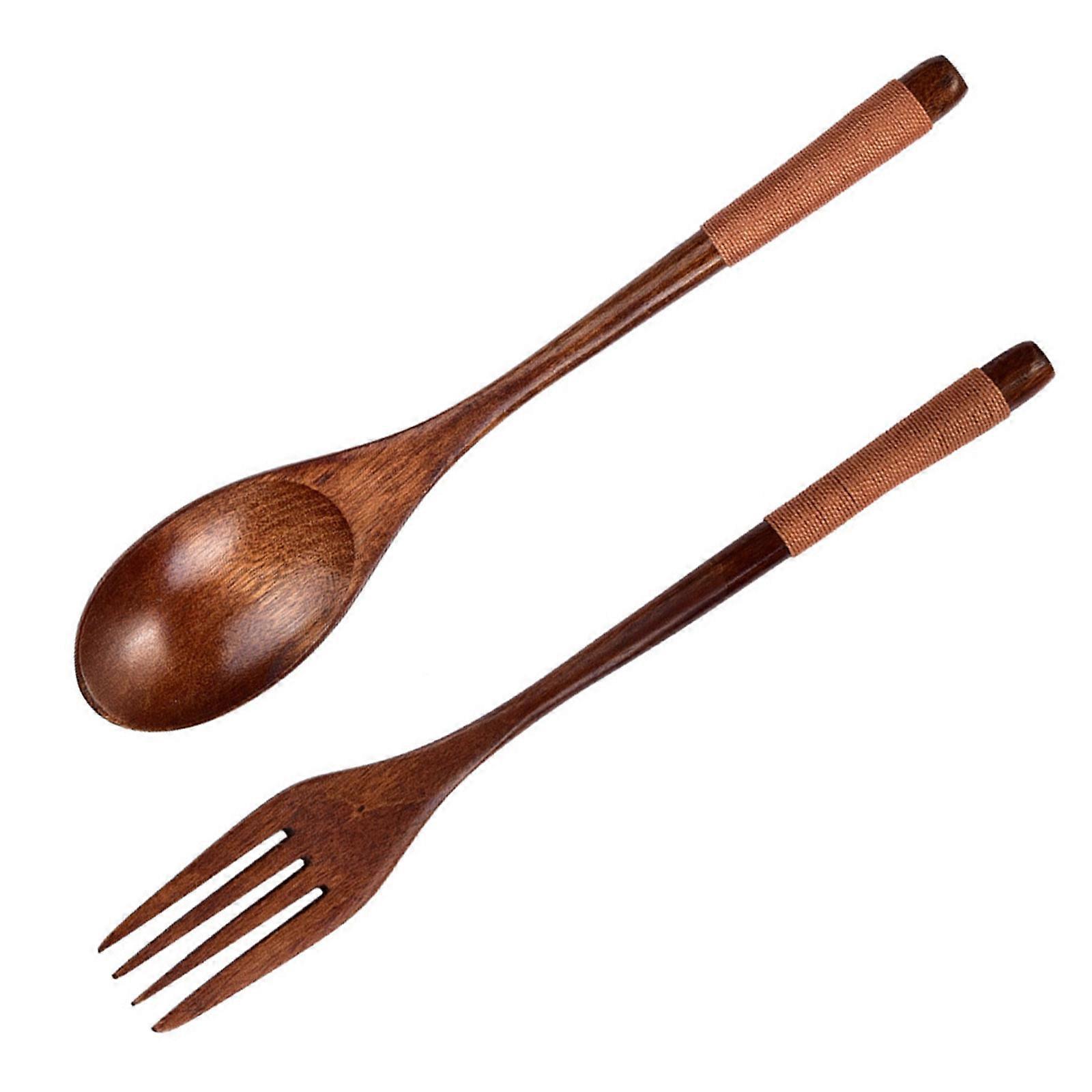 Natural Wooden Spoon And Fork Set For Soup Salad Pastas Ergonomic Long Handle Japanese Design Kitchen Utensils User friendly  Brown