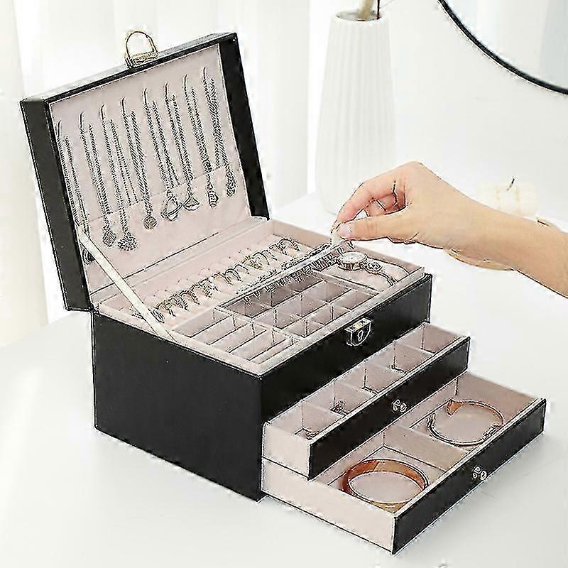 Multifunctional Three-layer Pu Leather Jewelry Storage Box With Lock