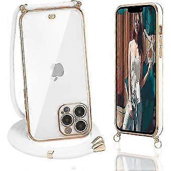 Crossbody Case for iPhone 12 Pro Max, Gold Edge Transparent Clear Case with Lanyard Cord Strap, Soft TPU Anti-scratch Shockproof Bumper Cover fo