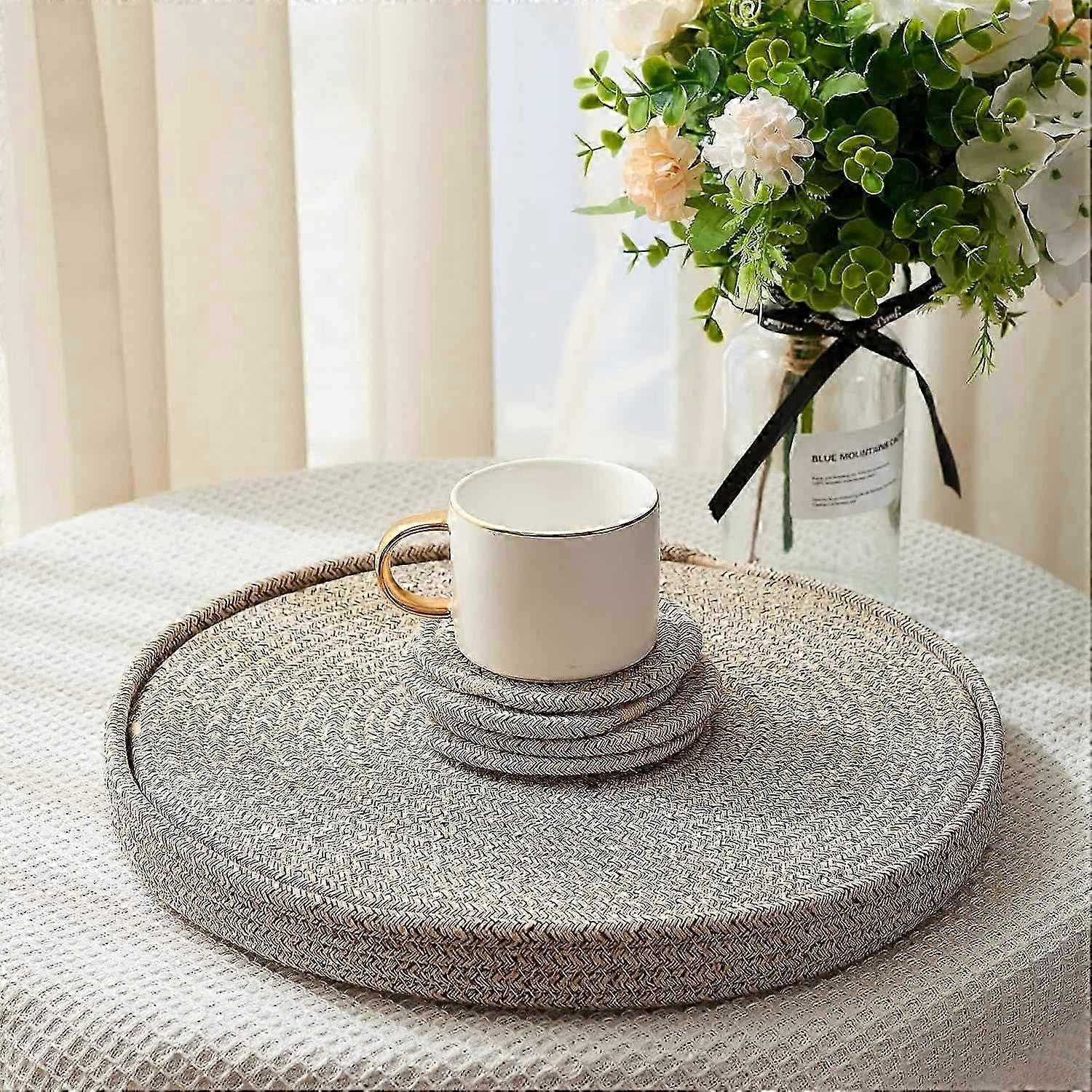 Woven Cotton Rope Round Placemats Set of 9 Pcs with Holder Included, Handmade
